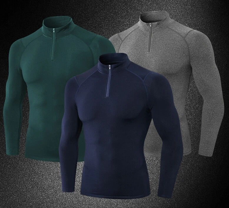 Camiseta térmica de compresión para hombre debajo de la capa base deportes fitness tops cremallera cuello Foto 3 de 4