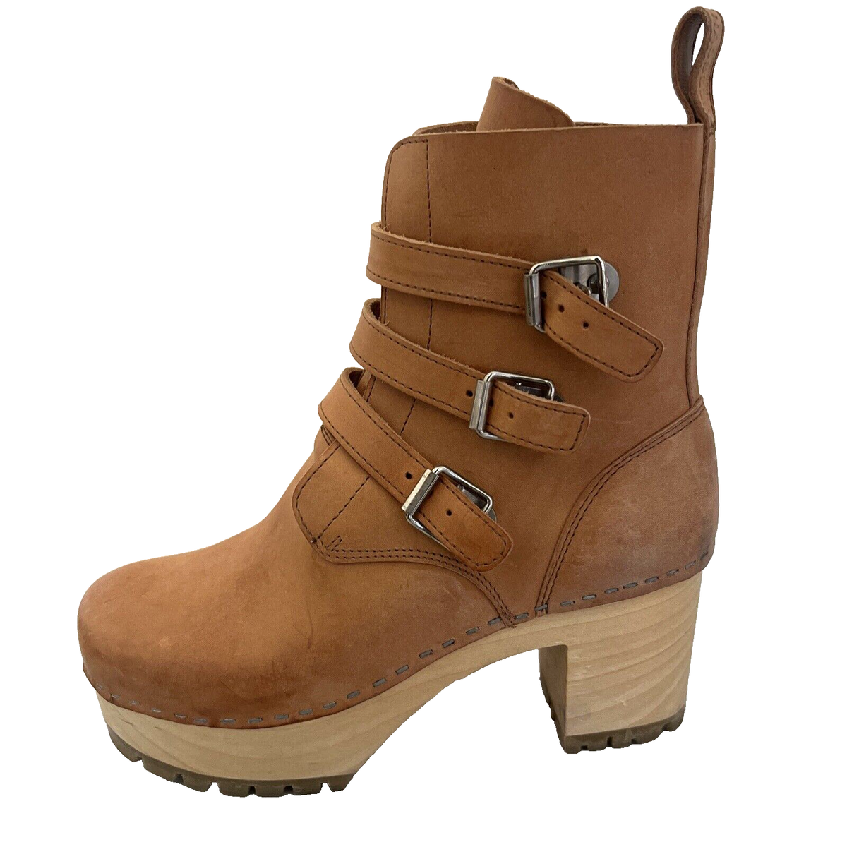 SWEDISH Hasbeens Buckle Boot Platform COGNAC Leather Clog 39 EUC