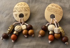 Pierced Earrings Multicolor Wood Beaded Dangle 3  Long