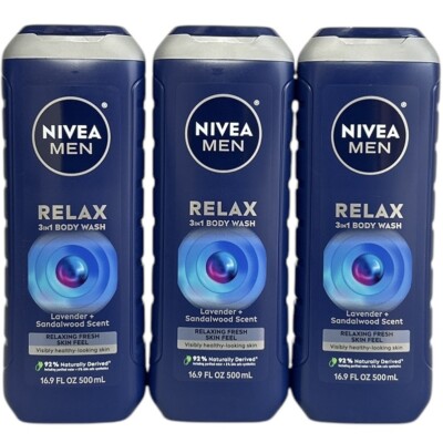 3 NIVEA MEN Relax 3-In-1 Lavender + Sandalwood Scent 16.9 fl. oz. Body Washes