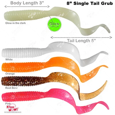 FISH WOW! 8" (w/ tail extended) Curly Tail Perch Grub Single Tail Pink white orange 5" New
