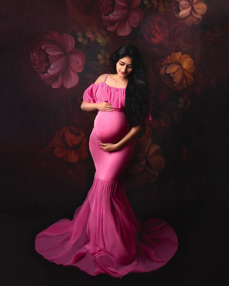 Maternity Dress Ruffles Gown Photo Prop Baby Shower Off Shoulder Pink XL - Image 2 of 4