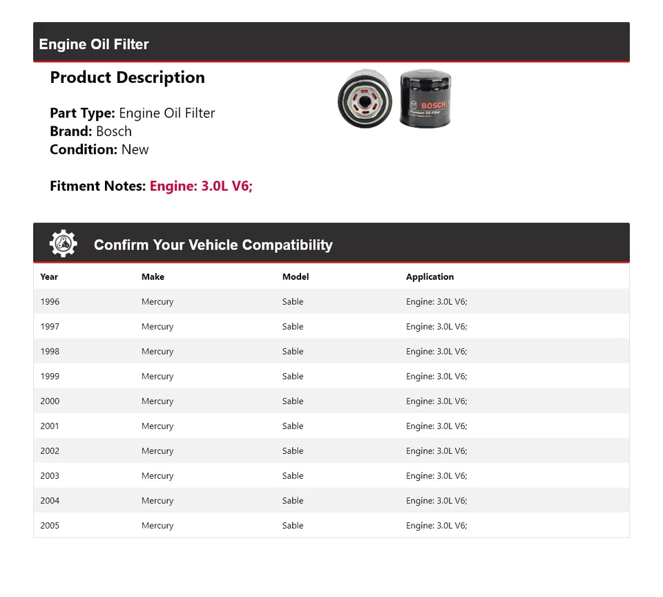 Масляный фильтр премиум-класса для Mercury Sable 3,0 л V6 Bosch 1996-2005 годов выпуска 1997 1998 1999 2000 годов выпуска - Изображение 2 из 3