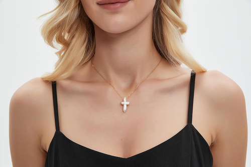 White Pearl Cross Necklace. Pearl Cross Necklace. Freshwater Pearl Cross Pendant - Picture 6 of 12
