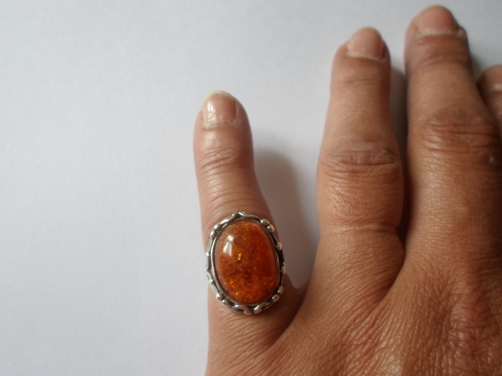 solid silver ring, amber cabochon, openwork sides… - image 2