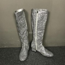 Bling Bling Sequins Low Chunky Heels Women's Knight Knee High Boots Shoes Party