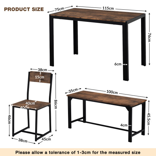 Dining Table and 2 Chairs 1 Bench Set Metal Home kitchen Dinging Room Furnitture - Picture 6 of 9