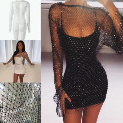 Bling Diamante Fishnet Crystal Cover Up Sexy Stage Dress