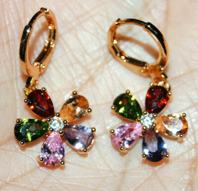 10K Yellow Gold Filled Hooks Hoops Huggies Earrings Flower Multi Gemstone Garnet
