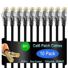 10 Pack 6ft Black Cat 6 Ethernet Patch Cable, 10G, RJ45, LAN, Data Center