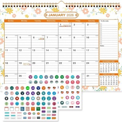Organisierender Monatskalender 2026-2027 mit Blumen und 144 Planungsaufklebern