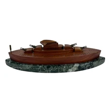 Vintage Wood Battle Ship Shaped Cribbage Board Game on Marble Base Cannon Pegs