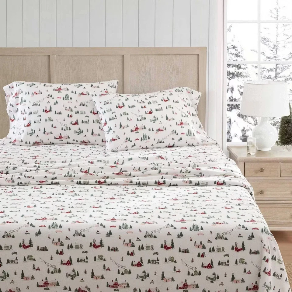 Martha Stewart QUEEN Cotton Flannel Christmas Ski Town Green Sheet Set New - Image 2 of 4