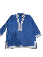 $168 Karen Kane St Tropez Tunic Blue White Trim Linen Blend Resort 1x Beach