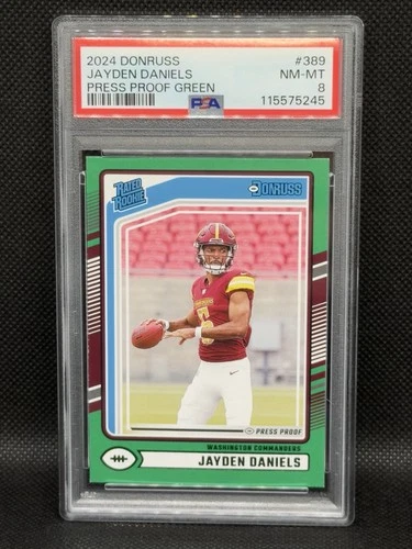 2024 Panini Donruss Rated Rookie Jayden Daniels #389 Press Proof Green PSA 8