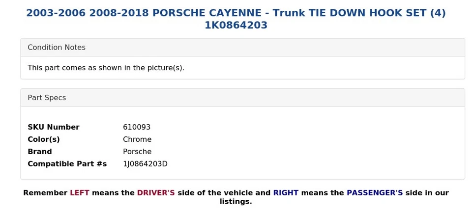 2003-2006 2008-2018 PORSCHE CAYENNE - JUEGO GANCHO AMARRE MALETERO (4) 1K0864203 Foto 3 de 3