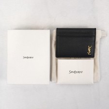 Saint Laurent Tiny Cassandre Grained Leather Card Holder In Black/Gold-Tone