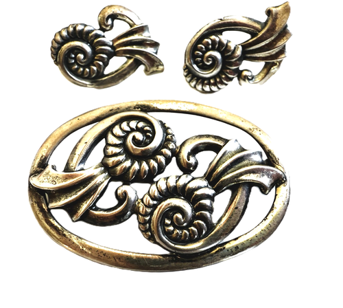 Art Nouveau Sterling Silver Art Nouveau Swirl and Curlicue Pin and Earring Set - Picture 3 of 12