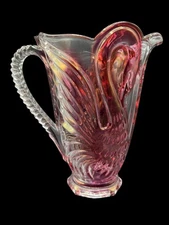 Swan Pitcher Pink Lead Crystal Clear Glass Ribbed Handle 9" Germany Vintage