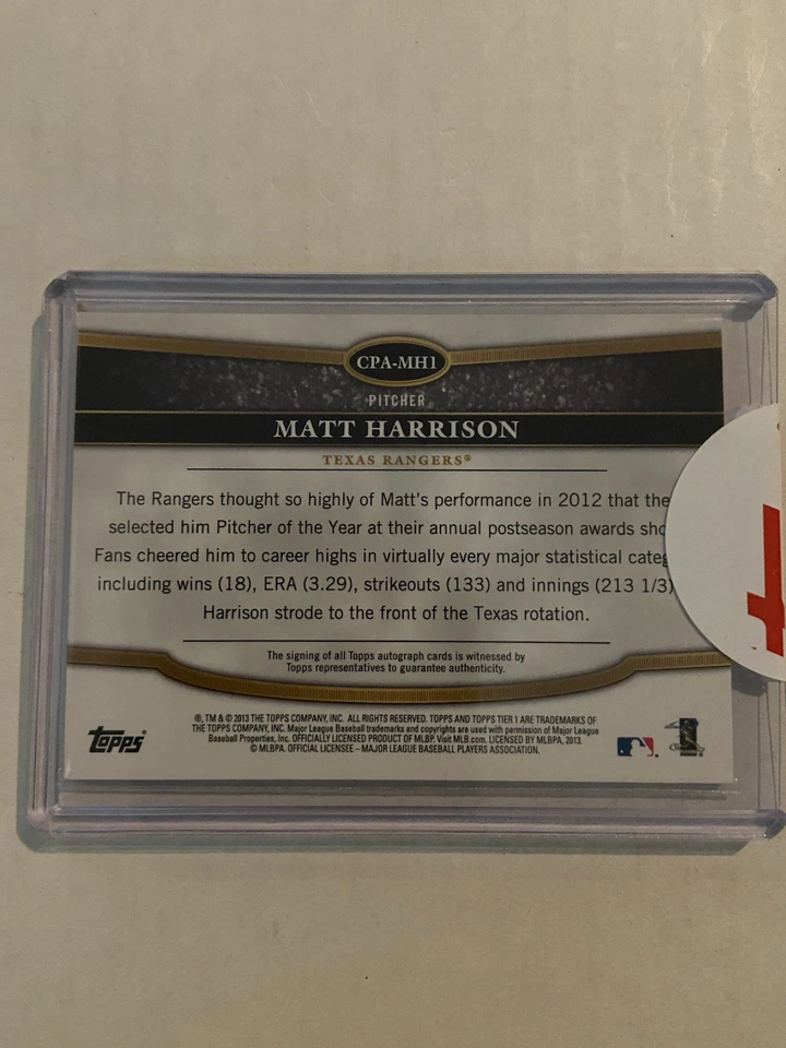 2013 Topps Tier One Crowd-Pleaser Auto /299 Matt Harrison #CPA-MH1 Auto - Image 2 of 2