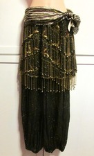 Belly Dance 3 Pc Black Gold Costume - Harem Pants, Beaded Over Skirt, Scarf- M