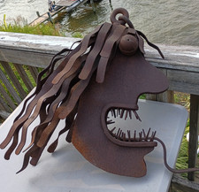 Vintage Folk Art Scrap Iron Metal Sculpture "Crazy Face" Bug Eye Long Hair 35lbs