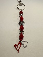 Silver Heart Beaded Keychain Purse Dangler Valentine Gift Red Heart Charm