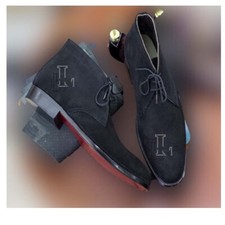 Handmade Men's Black Genuine Leather Suede Half Ankle Chukka Boot, Sale !!!