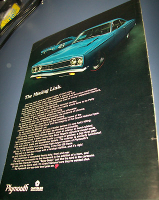 1968 Plymouth Road Runner mag car ad -''The Missing Link''- w Petty #43