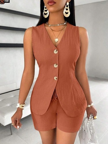 2 Piece Womens Tracksuit Summer Tank Tops+Shorts Linen Cotton Outfits Co Ord Set - Picture 11 of 31