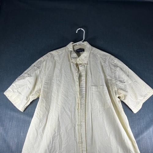 Lands' End Men Dress Shirt 17.5 Yellow White Striped Textured Cotton Button-Down - Picture 2 of 11