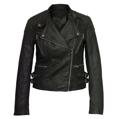 Leather Jacket Women's Rider Biker Motorcycle Genuine Lambskin Moto Black Coat