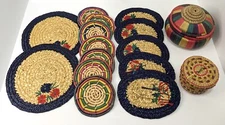 Vintage Dyed Rattan Wicker Sweet-grass Lidded Baskets Coasters Lot 16 pcs Decor