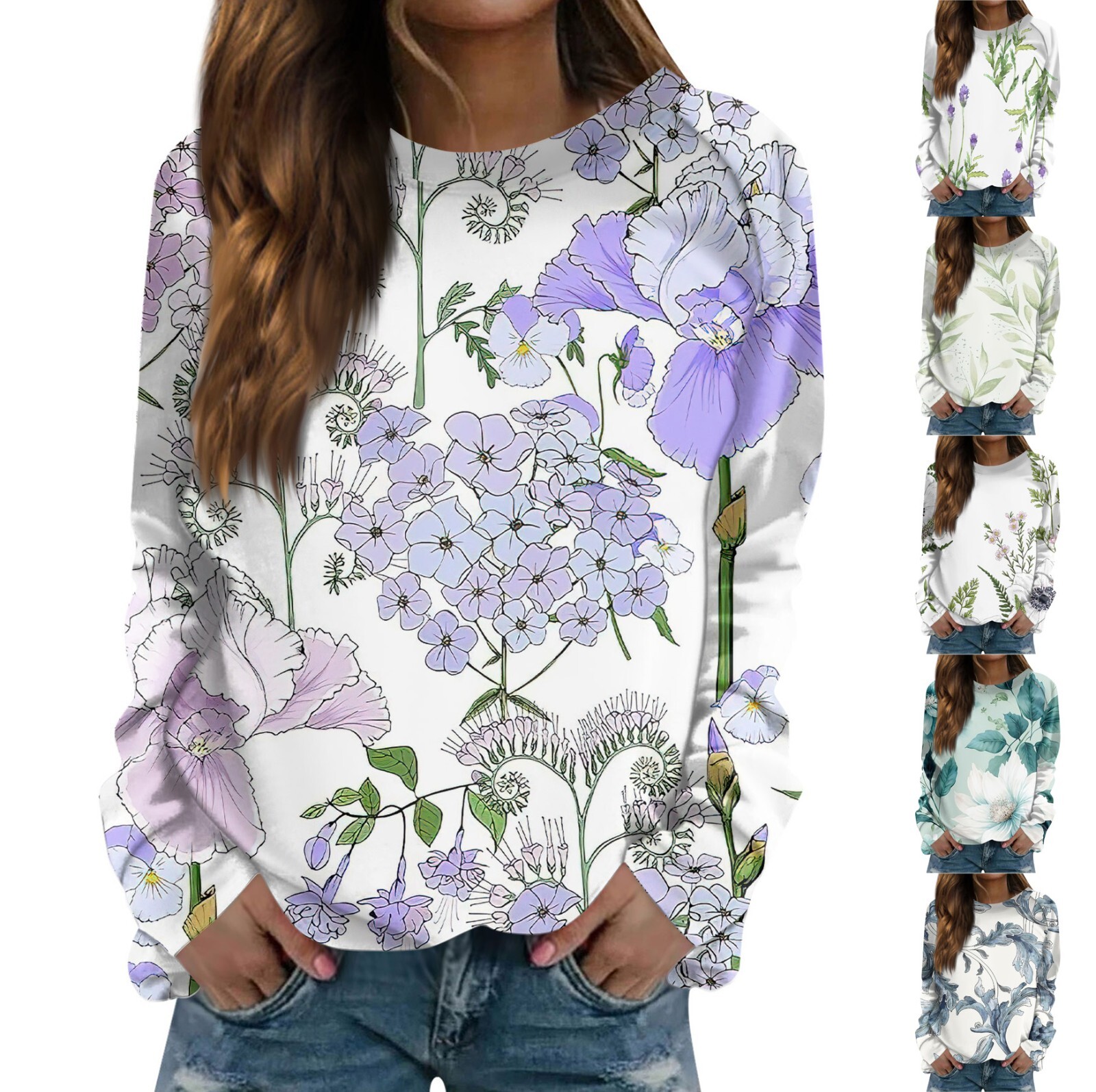 Sweater for Women 2024 Trendy Cute Floral Oversized O-Neck Sweatshirt Clothes-image