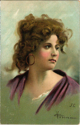 PC ARTIST SIGNED, JC, GLAMOUR LADY IN PURPLE, Vintage Postcard (b58806)
