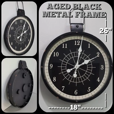Metal Compass Rose Nautical 18" Wall Clock - Aged Black Metal Frame 26" Vertical - Image 1 of 4