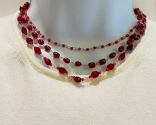 EUC 3-Strand ZAD Choker/Necklace, Red Beaded, Silver-Tone Chain, 15" L+ 2"