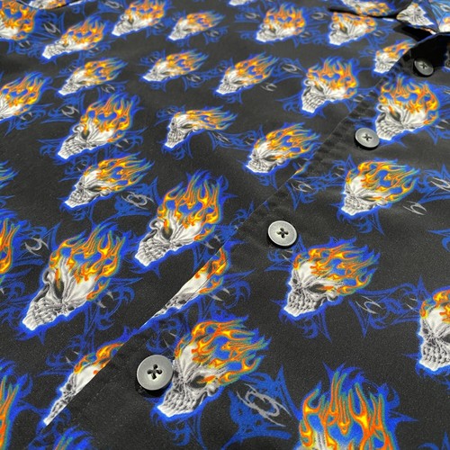 VINTAGE Y2K Skulls Shirt Mens XL Anchor Blue Flaming Skull Fire All Over Print - Picture 3 of 10