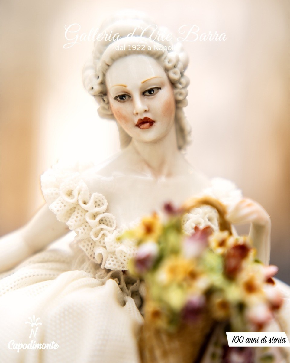 Capodimonte Porcelain Lady With Flower Basket. Lace Dress, In