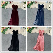 Femme Robe Longue Velours à Lanière Côté Ouverture sans Manche Soirée Sexy Maxi