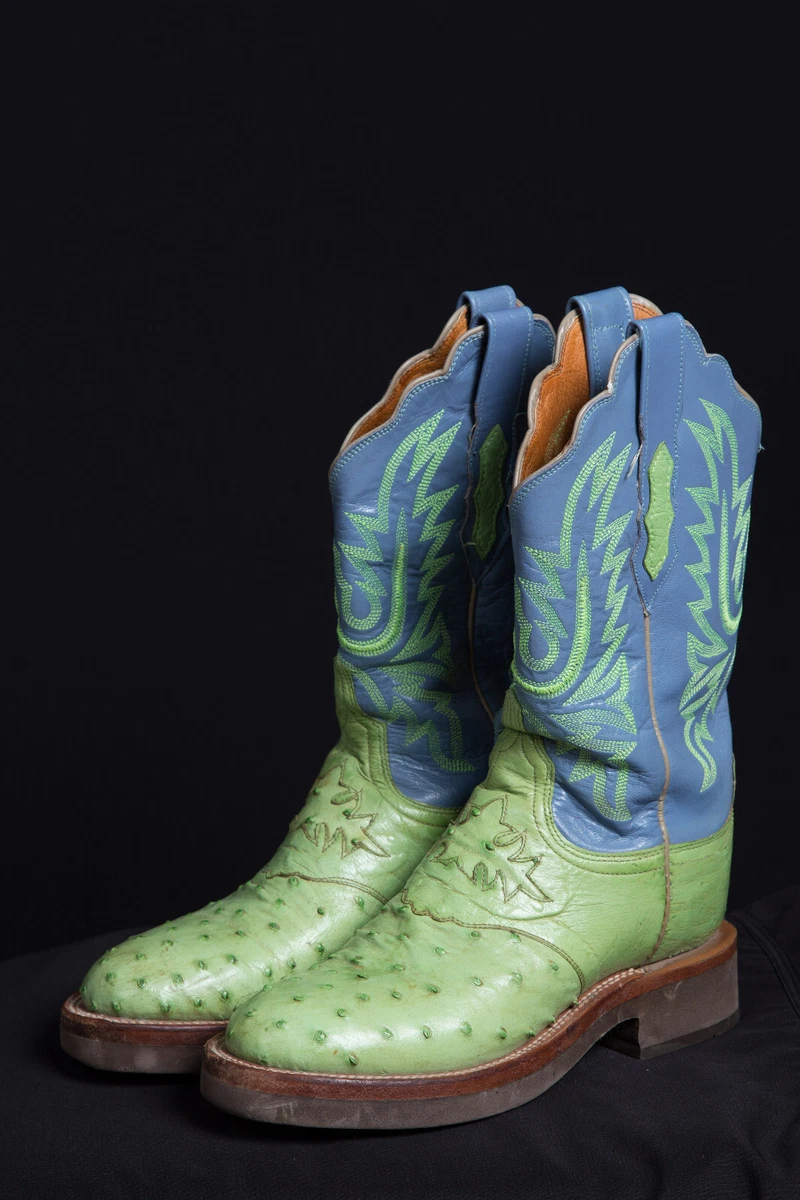 Women’s Lucchese 2000 Full Quill Ostrich Lime Green & Blue Cowboy Boots Size 6.5