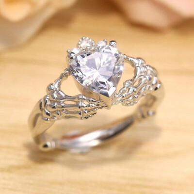 Skull Hand Claddagh White Heart Cut CZ Wedding