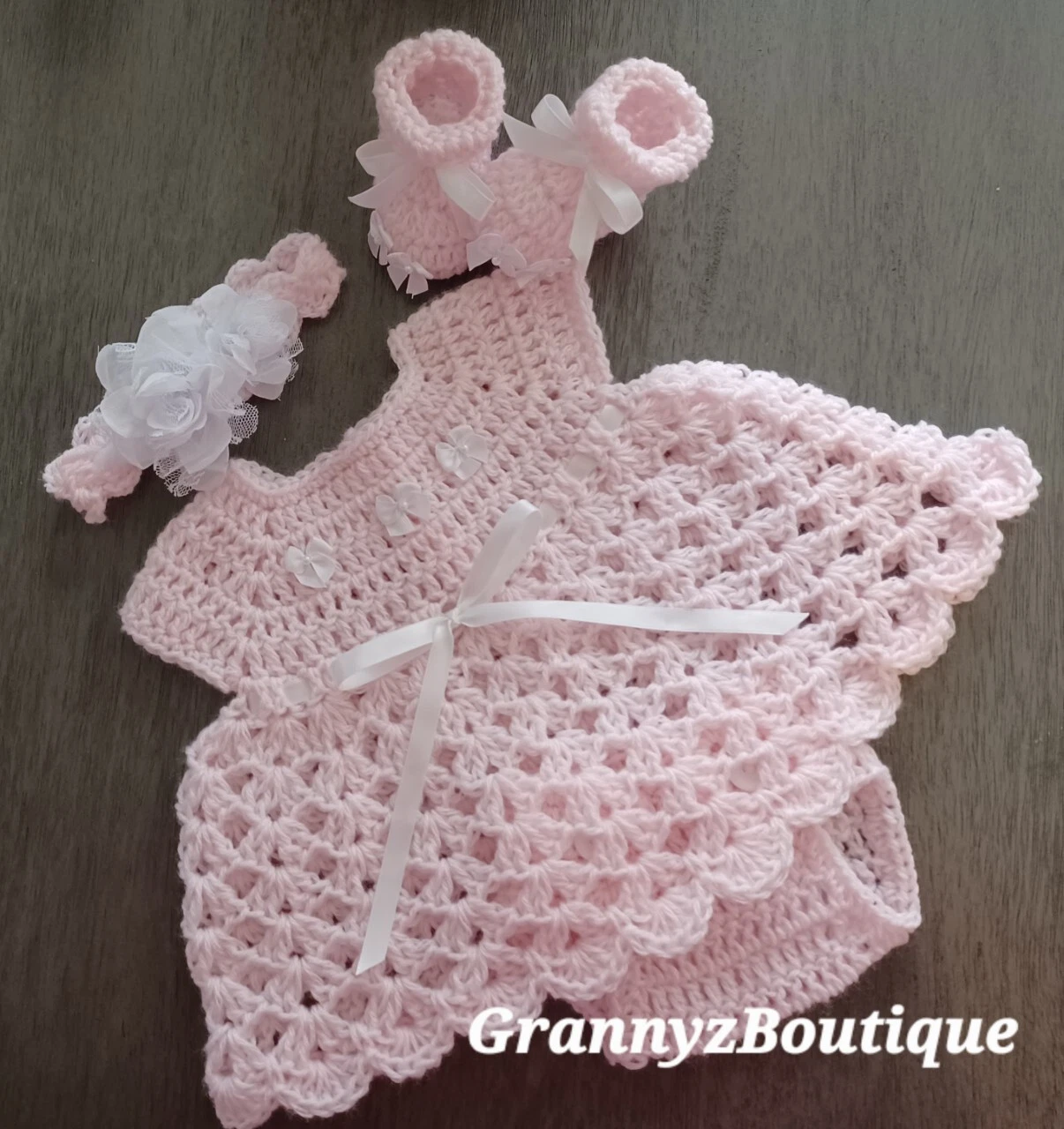 Crochet Baby Pink White Baby Dress Set Headband, Diaper Cover, Booties Girl