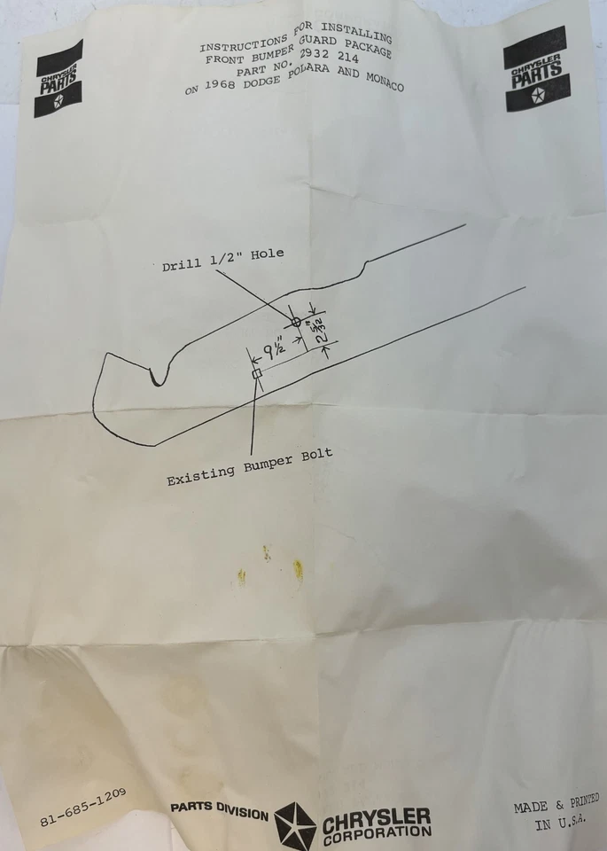 Dodge Polara Monaco 1968 equipamiento de par de protectores de parachoques delantero 2932214 nuevo en stock Foto 3 de 4