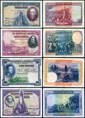 LOT 4 BANKNOTES SPAIN 25 50 100 Y 100 PESETAS 1925 1928 BC MBC / SPAIN F VF