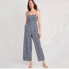 Old Navy Womens L Jumpsuit Blue Ditsy Floral Linen Blend Smocked Wide Leg