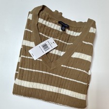 Tommy Hilfiger Men's XXL Cable-Knit Cotton Sweater Brown White Striped V-Neck