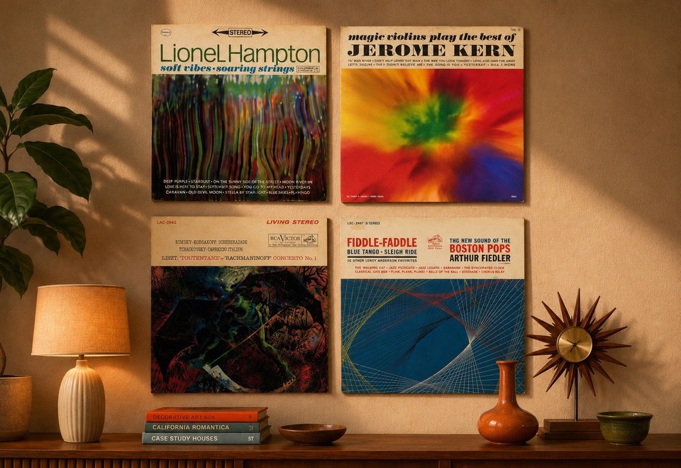 Mid Century Modern Vinyl Wall Art Set of 4 | MCM Abstract LP Covers Decor