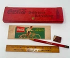 Vintage Coca Cola Pencil Box School Desk Set Advertising Ruler Pencil Eraser