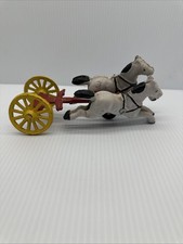 VTG 1960's Cast Iron 2 white horses with 2 wheel wagon No Stagecoach See pics